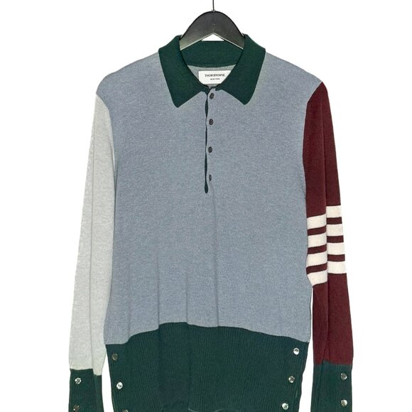 Thom Browne Blue Burgundy Green Colourblock Cashmere Long Sleeves Polo - Picture 1 of 8
